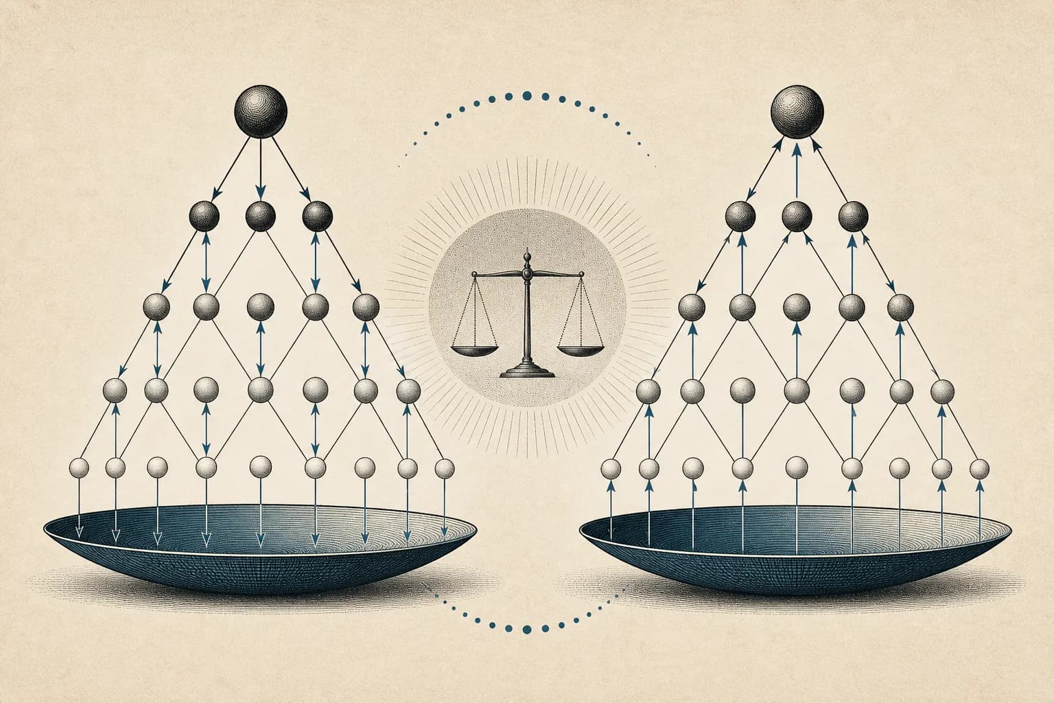 Editorial illustration of two balanced families of mathematical closure systems